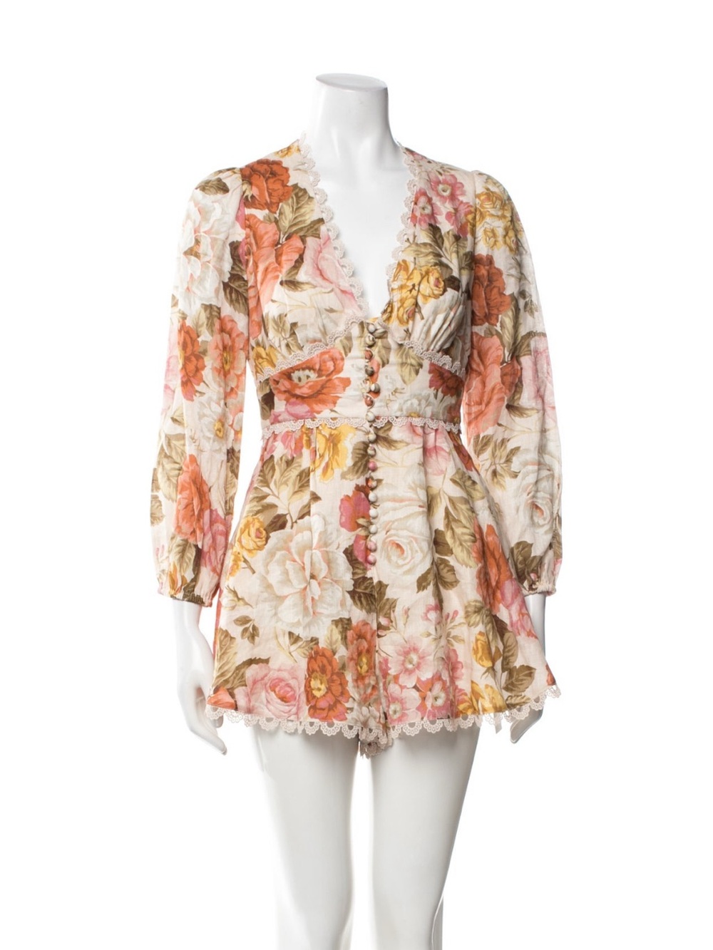 Zimmermann Floral Lace-Trim Romper - Pink, Orange, Yellow